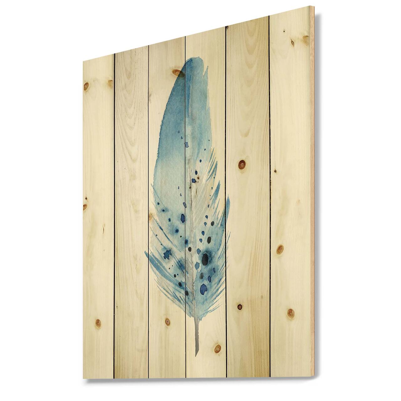 Designart - Blue Boho Feathers - Bohemian & Eclectic Print on Natural Pine Wood